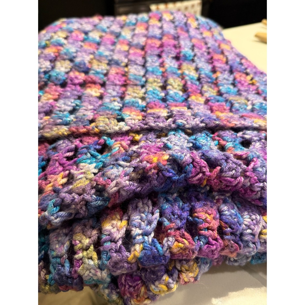 Oversized Handmade Crochet Afghan Blanket Throw 60x94 Multi-Color Purple Teal